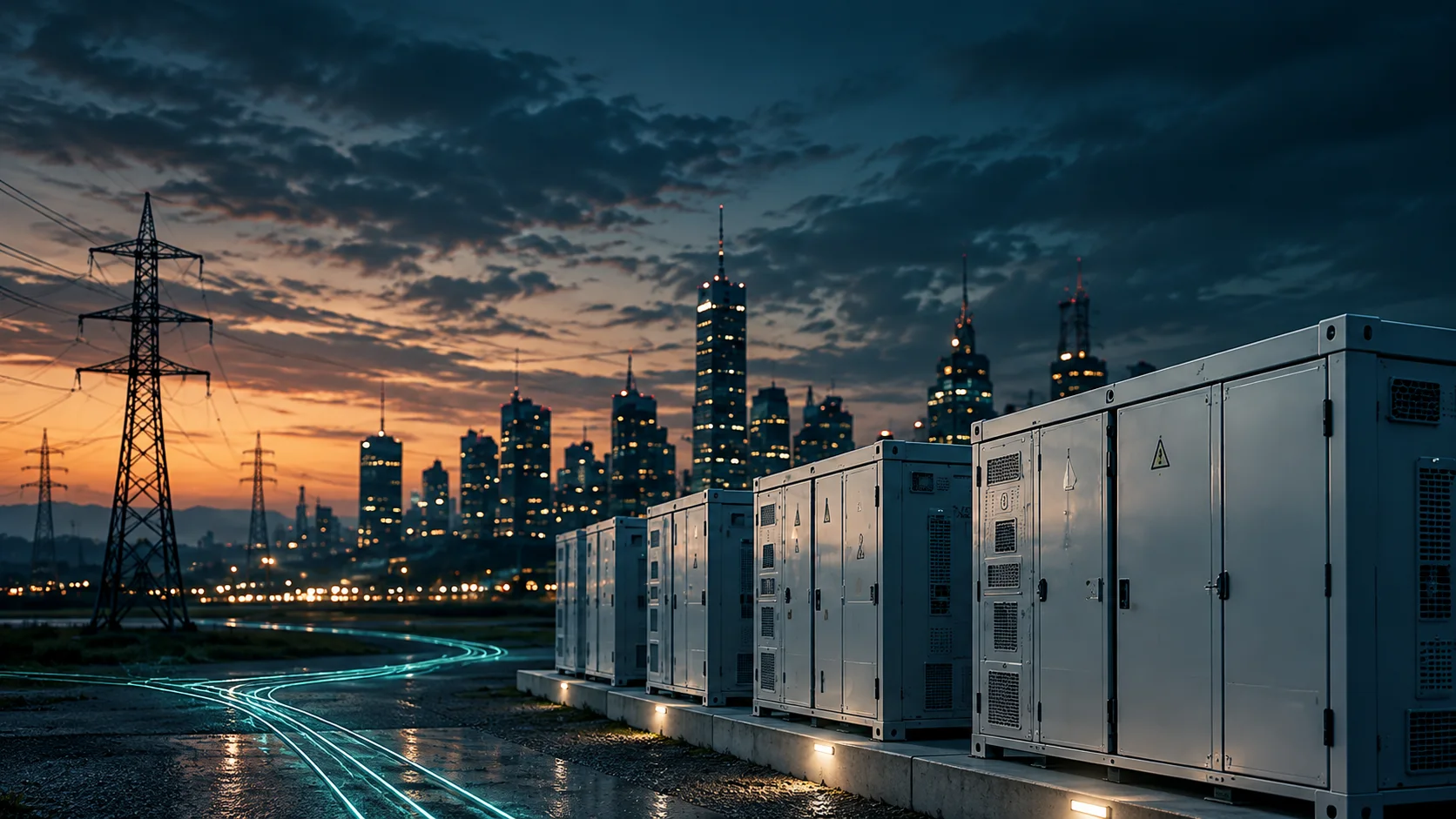 Battery storage units beside power lines and a city skyline at dusk.