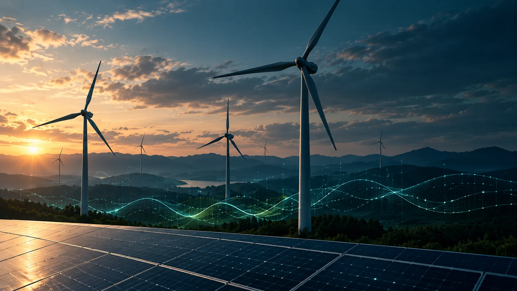 Wind turbines and solar panels at dusk, with data lines across the landscape.